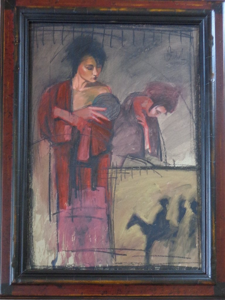 NICO VRIELINK / VROUWEN MET KIMONO / OLIEVERF 114x87cm KADER, Antiquités & Art, Enlèvement, Verre, Signé, Peinture à l'huile