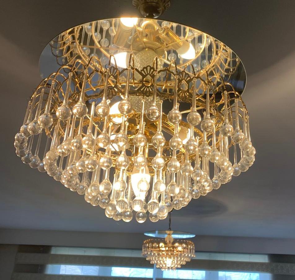 Kristallen plafondlamp/kroonluchter - goudkleurig, Ophalen, Zo goed als nieuw, Glas