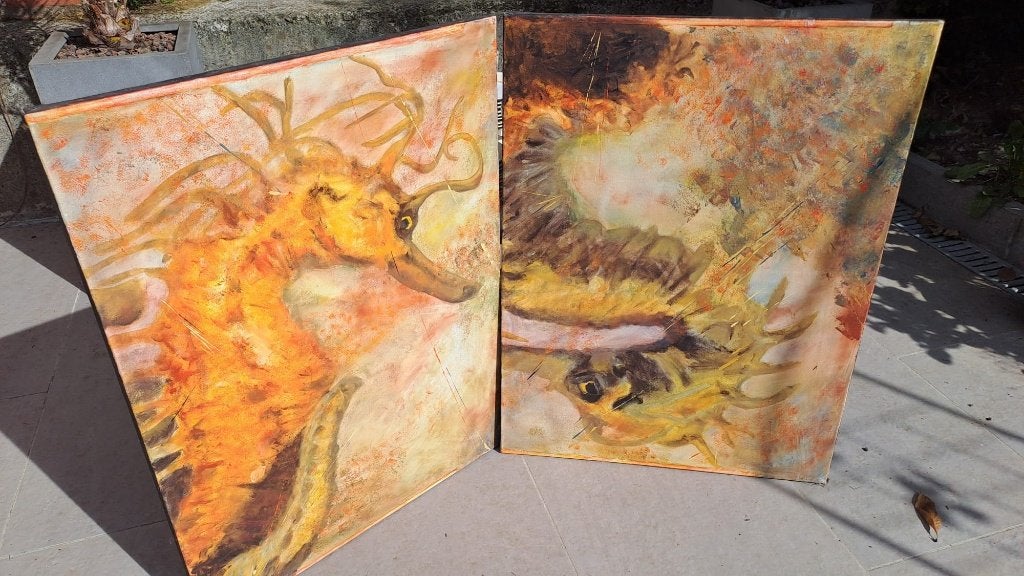Grande peinture originale en diptyque, dragons de mer, Enlèvement