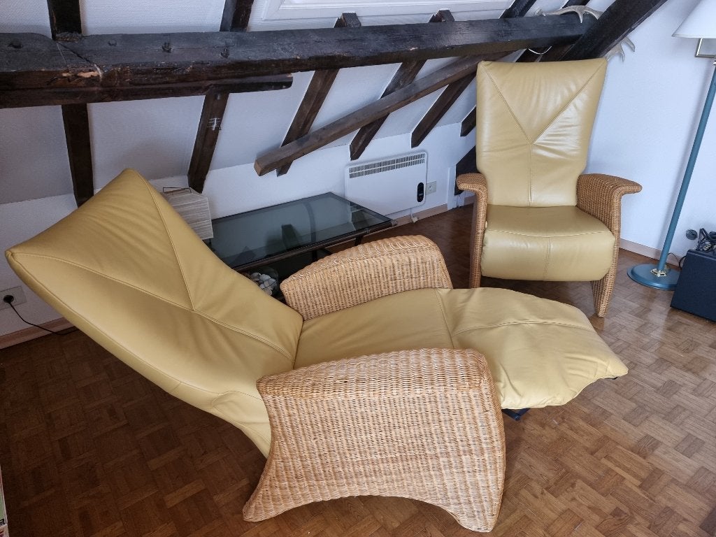 Twee relaxzetels in leer met rotan onderstel, Moins de 75 cm, Comme neuf, Enlèvement, 50 à 75 cm