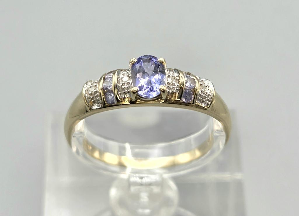 Gouden Vintage ring edelsteen tanzaniet en diamant. 2026/320, 18 tot 19, Paars, Ophalen of Verzenden, Zo goed als nieuw