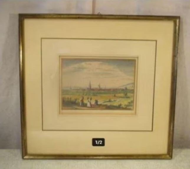 Belle gravure colorée - Unna - 35x33, Antiquités & Art, Enlèvement ou Envoi, Paysage, Gravure, Encadré