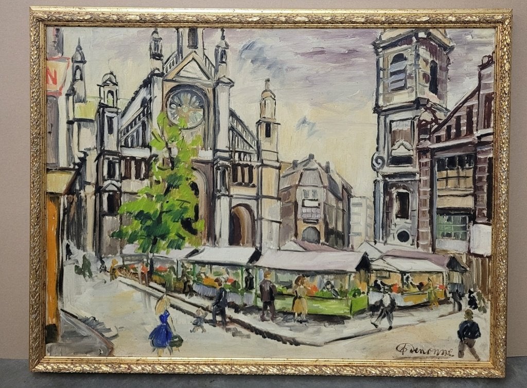 Alexander DENONNE, markt op het Sint-Katelijneplein, Enlèvement ou Envoi, Paysage urbain / rural, Toile, Signé