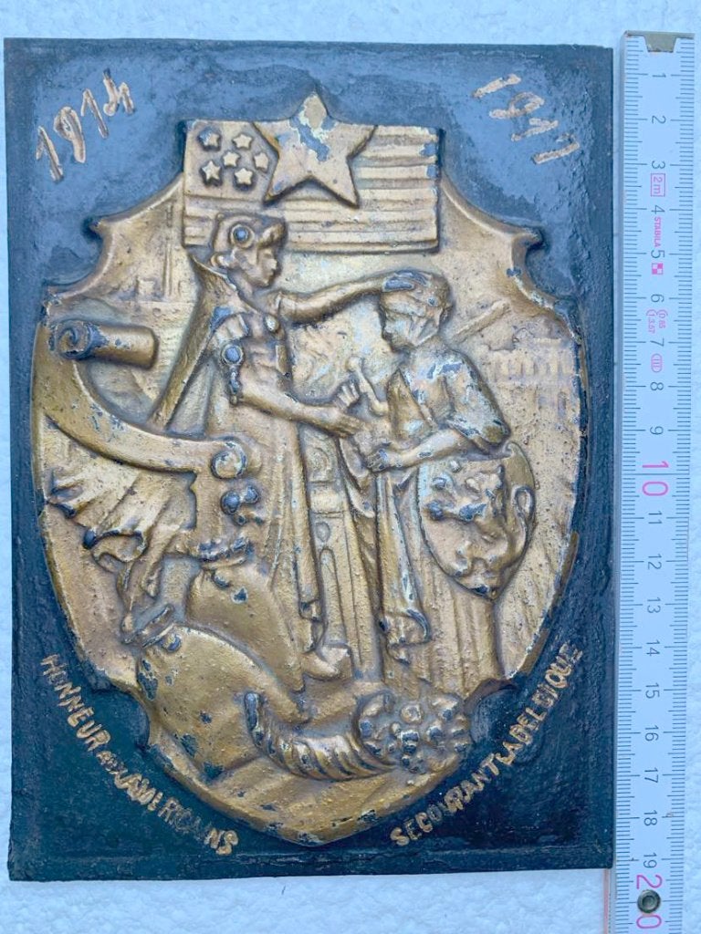 Bronzen Plaat 1914-1917, USA hulp in WOI, Vergulde versie, Collections, Objets militaires | Général, Enlèvement ou Envoi, Armée de terre