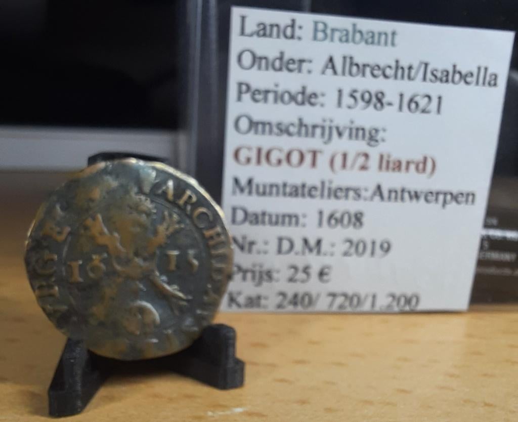 Duit - 1608 - Antwerpen - Albrecht & Isabella - @25€, Ophalen of Verzenden, Overig, Losse munt