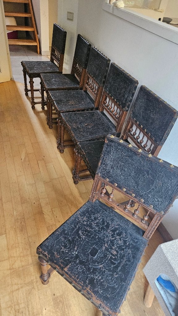 6 chaises anciennes en bois et cuir, Maison & Meubles, Henri II, Enlèvement, Bois, Noir