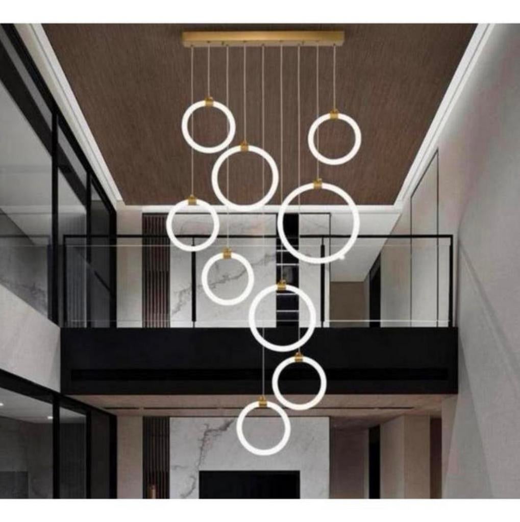 Luxe LED Moderne Trap Hanglamp Dimbaar 9-Ringen Kroonluchter, Ophalen of Verzenden, Nieuw, Metaal, LED
