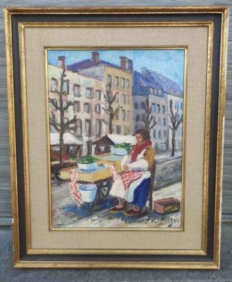 huile sur toile marchande d escargots signe pol magis, Antiquités & Art, Enlèvement ou Envoi, Toile