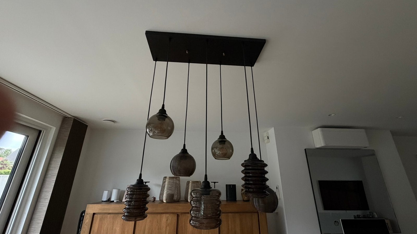 Zwarte hanglampen met smoke glas, Ophalen, Zo goed als nieuw, Glas, E27 (groot)