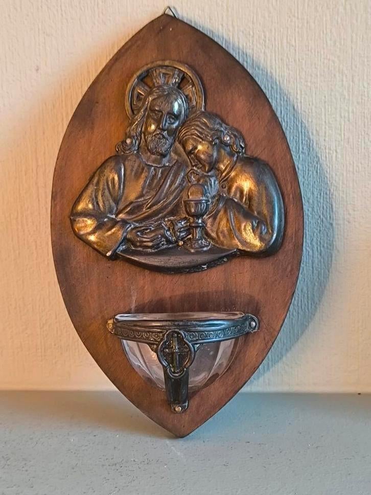 Antiek wijwatervat met bronzen/koperen afbeelding, Ophalen of Verzenden