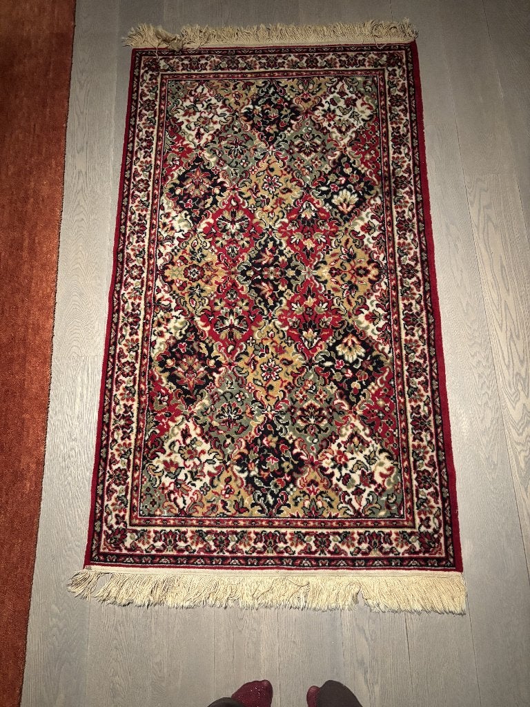 tapijt rood/beige met franjes – 173 91 cm, Maison & Meubles, 150 à 200 cm, Enlèvement ou Envoi, Utilisé, 50 à 100 cm