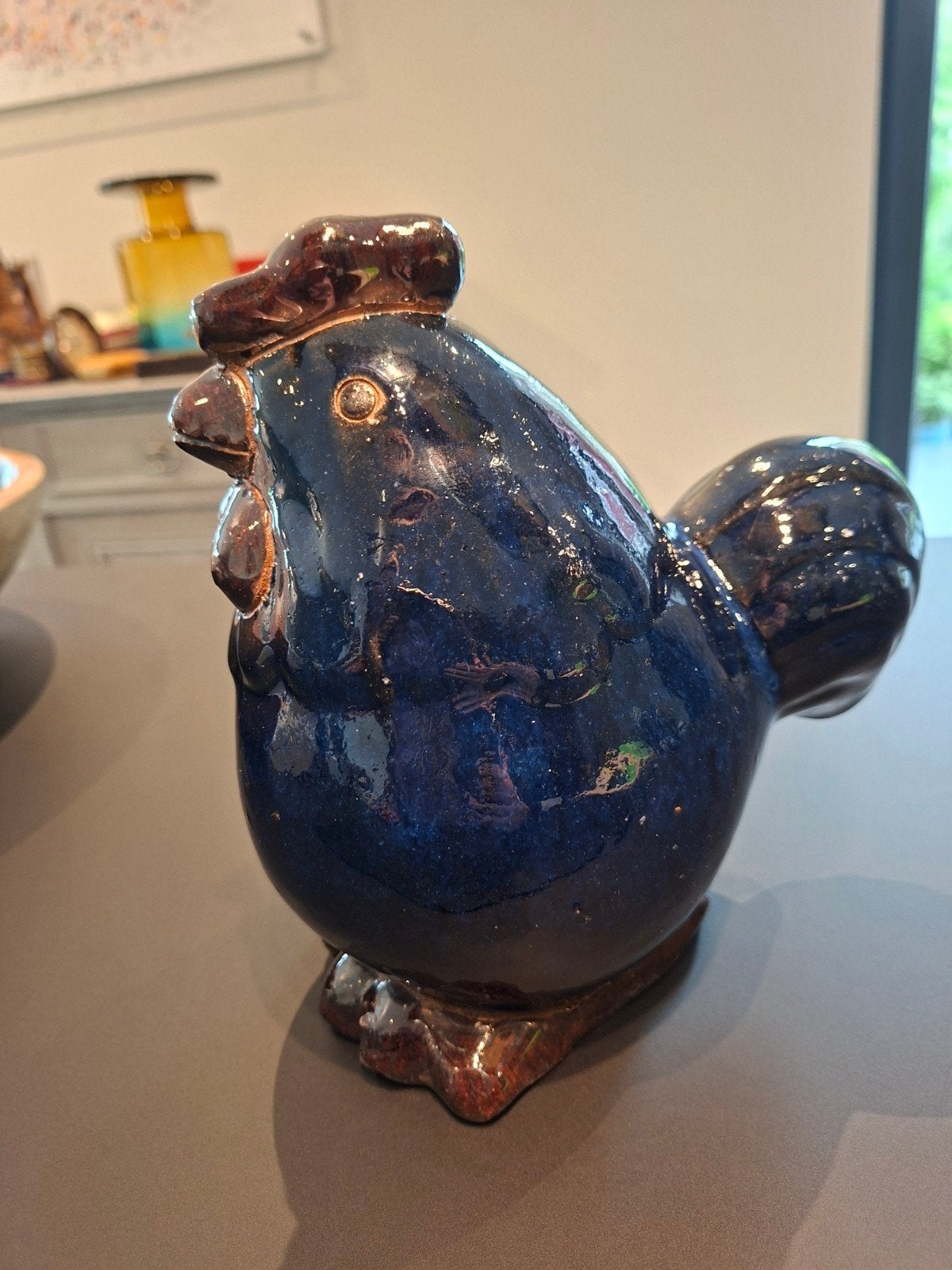 Coq  en céramique vernisse bleu cobalt. Très bon état, Antiquités & Art, Enlèvement