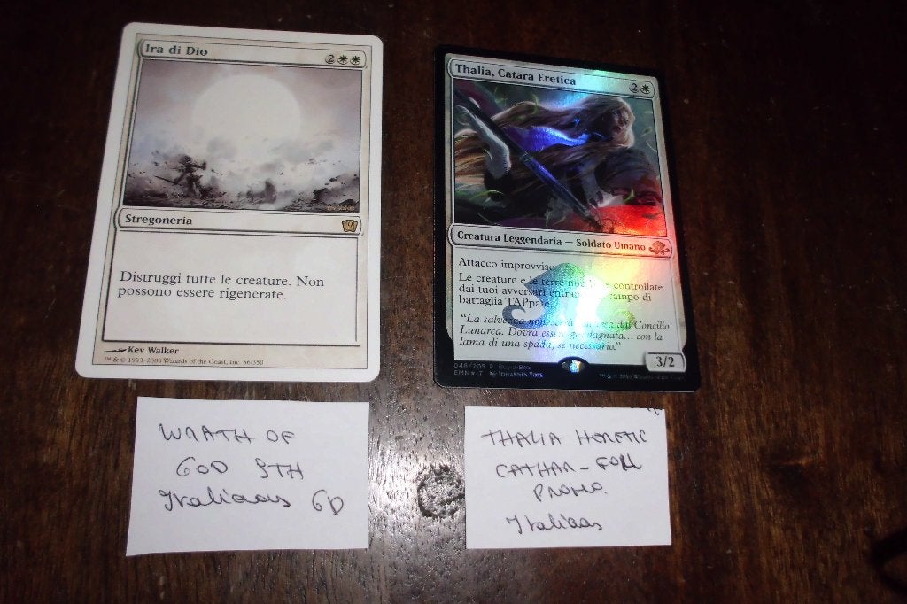2 ITAL MTG - WRATH OF GOD + THALIA  FOIL PROMO, Ophalen of Verzenden, Foil