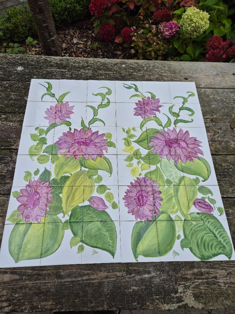 2x afbeelding bloemen 2x18 dunne losse tegels 15x15cm, Ophalen, Meerkleurig, Nieuw, Steen/keramiek