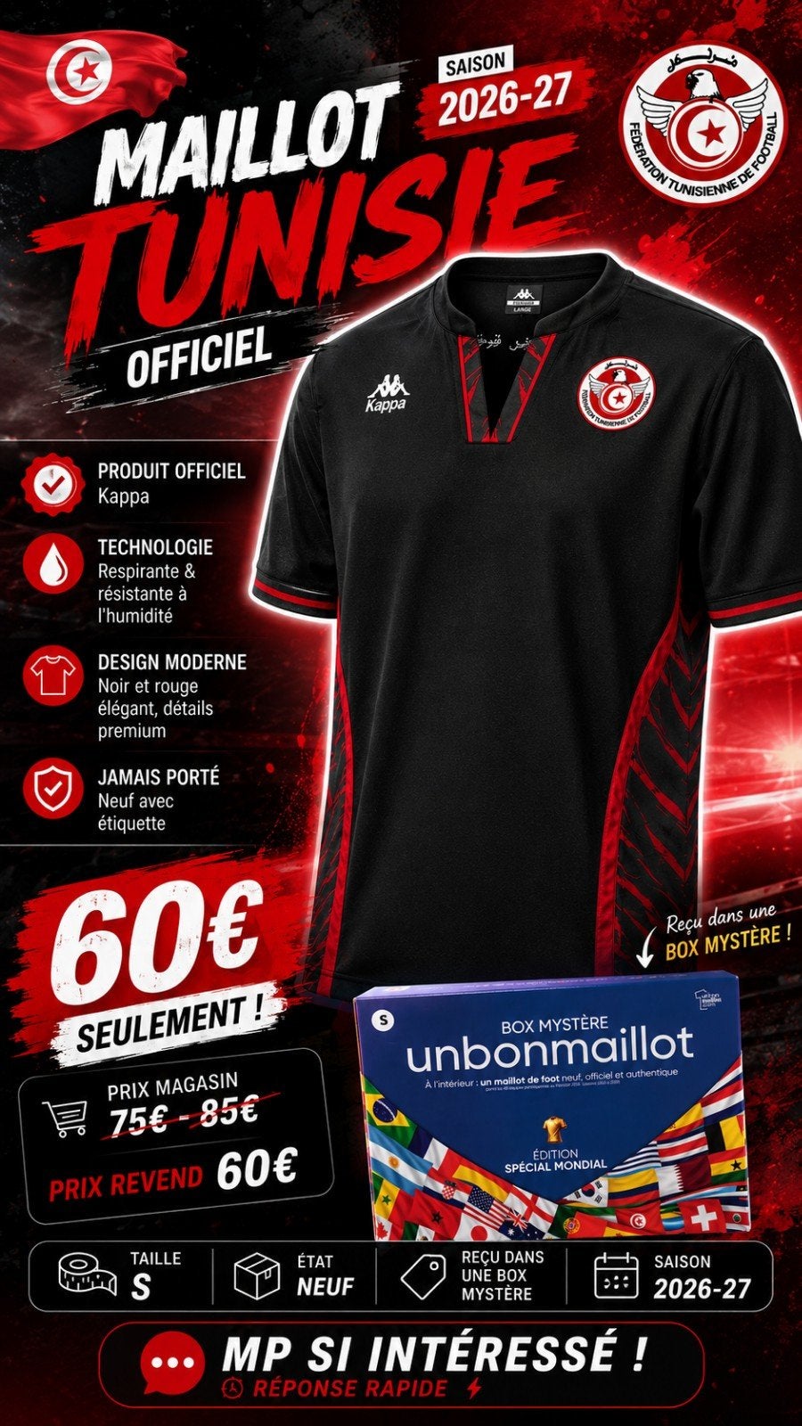Maillot de football Tunisie 2026 – Taille S – État neuf, Tickets & Billets, Sport | Football