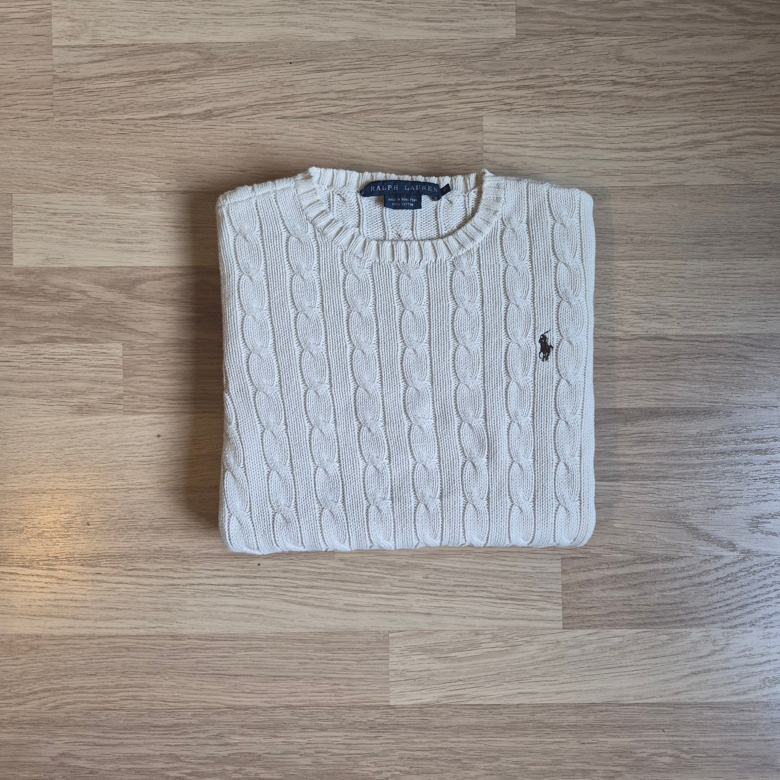 Pull torsadé Polo Ralph Lauren, blanc, logo poney bleu foncé, Enlèvement ou Envoi, Ralph Lauren, Porté, Blanc