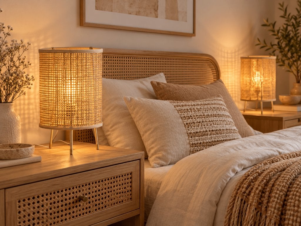 2 stijlvolle rotan tafellampen –Scandinavisch – Beige, Scandinavisch, Zo goed als nieuw, Met stekker, Ophalen