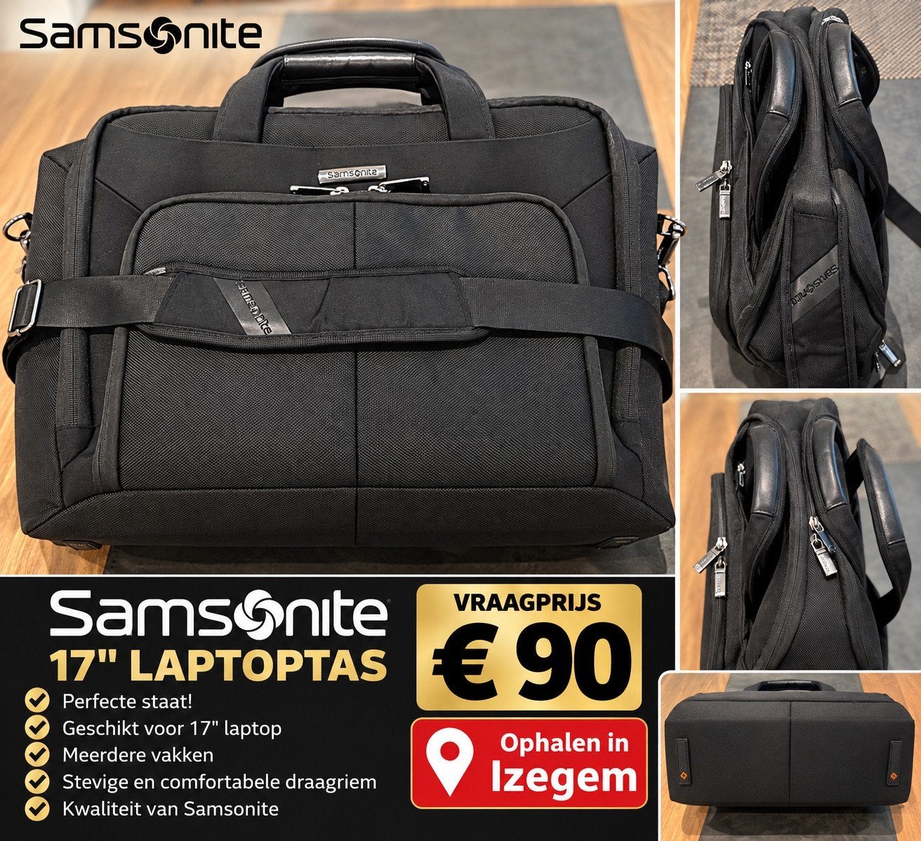 SAMSONITE 17" kwalitatieve Laptoptas nieuwstaat., Informatique & Logiciels, Compartiment rembourré, Noir, Comme neuf, Enlèvement