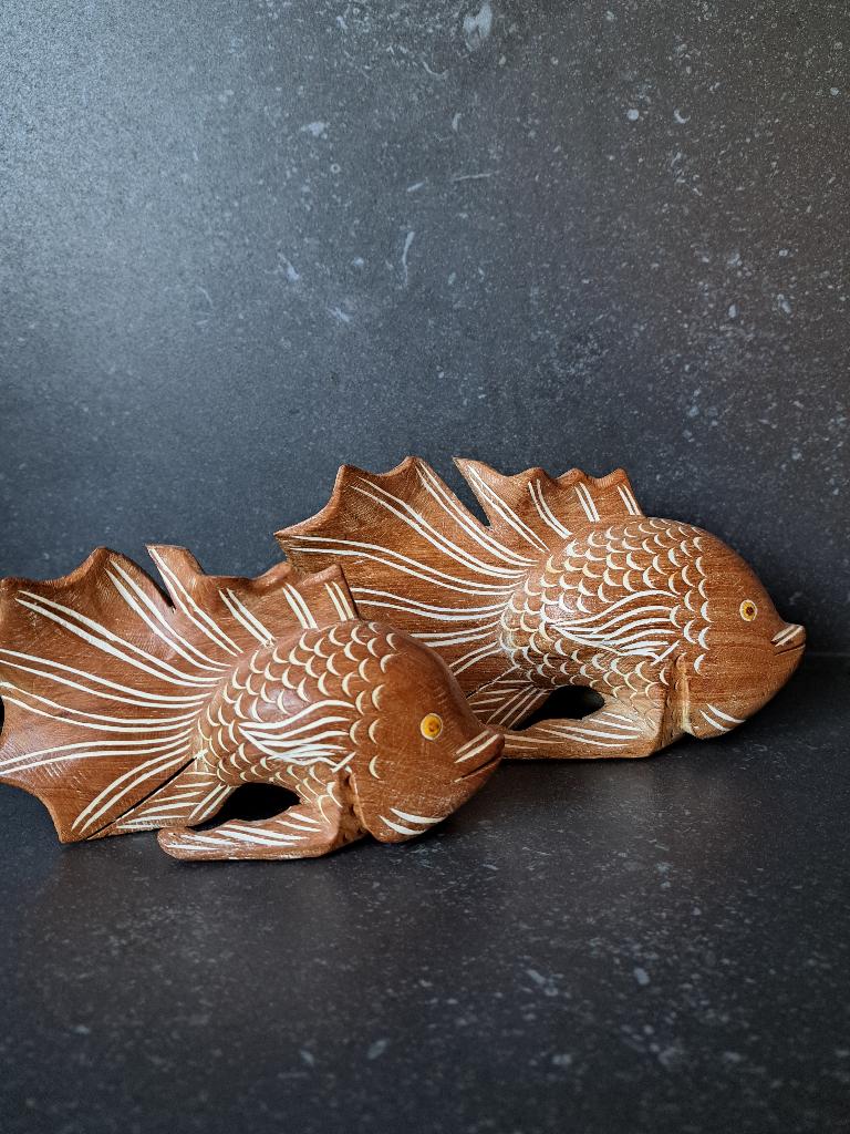 2 houten Japanse vissen, handgemaakt, Huis en Inrichting, Hout, Gebruikt, Ophalen of Verzenden, Oosters