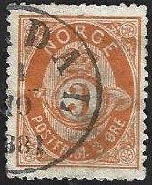 1 Postzegel Noorwegen 1884 Posthoorn- schreefloze brieven, Postzegels en Munten, Postzegels | Europa | Scandinavië, Ophalen of Verzenden
