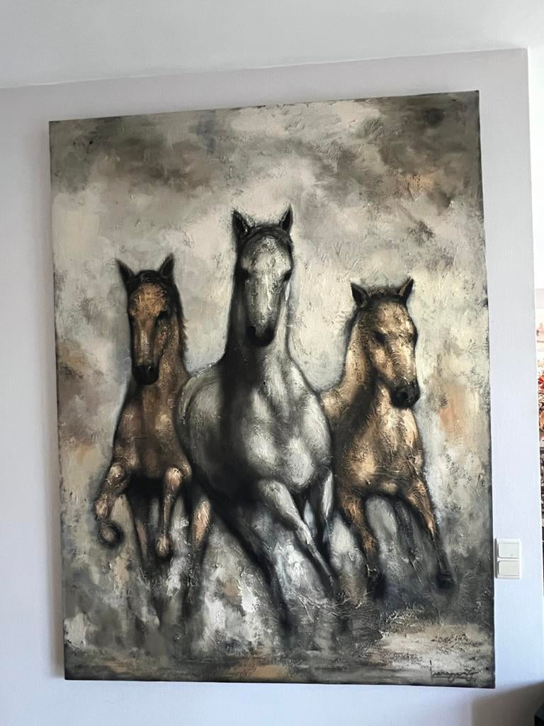 Peinture XL 3 chevaux au galop (198x150cm), Antiquités & Art, Enlèvement