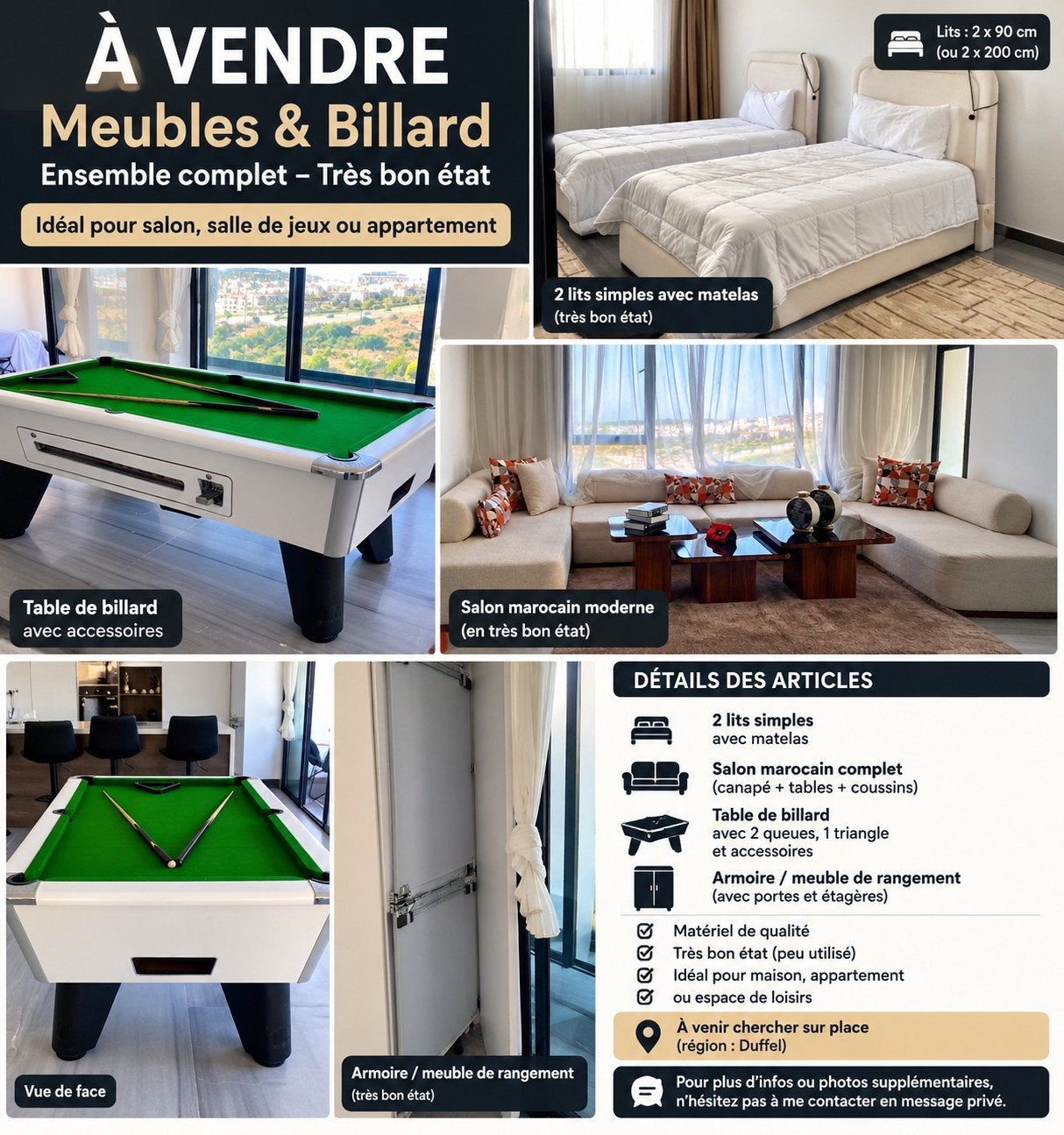 canapé et billard frigo tout et neuf à tanger, Enlèvement