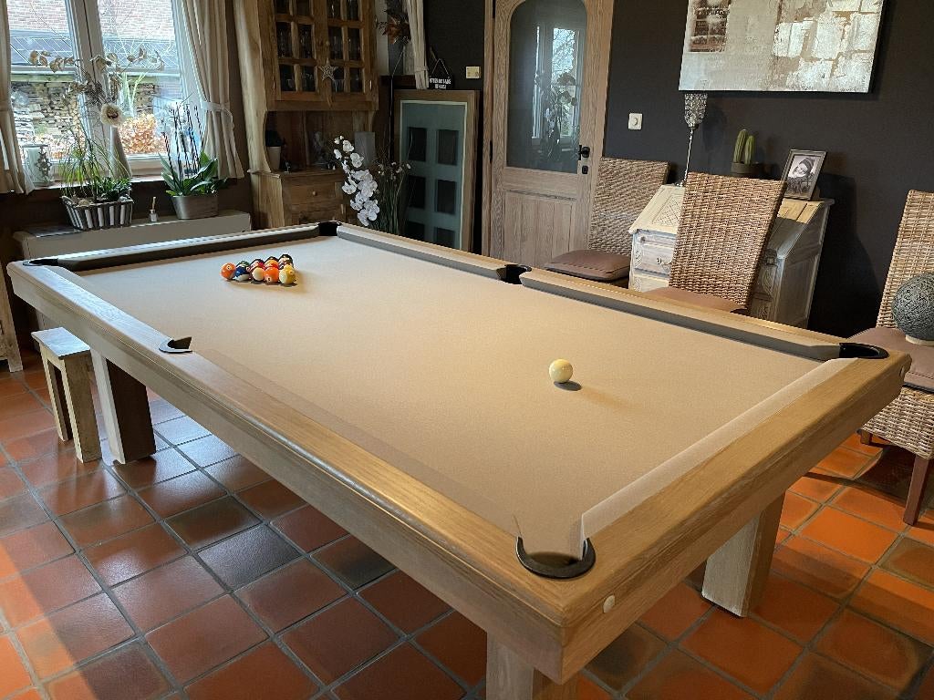 Autentieke massief eiken Biljart eettafel, Ophalen, Zo goed als nieuw, Biljarttafel