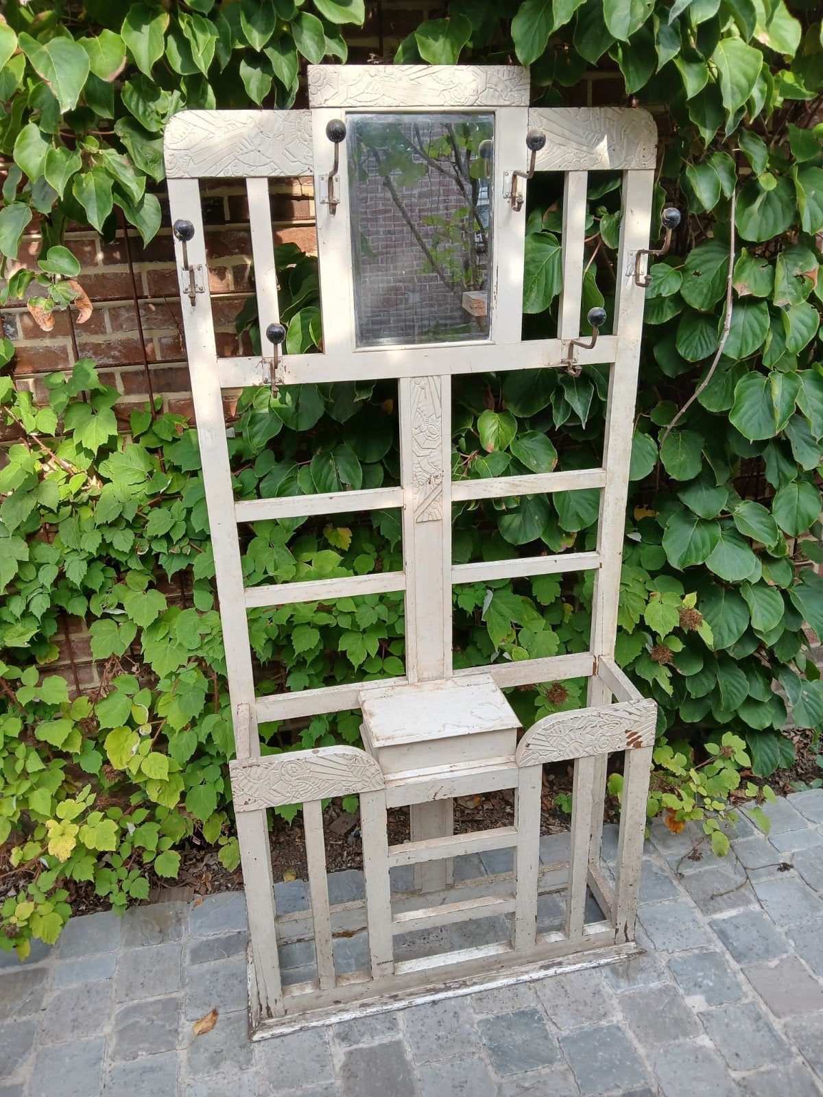 vintage halkapstol grenen met 6 haken en sleutelbakje, Ophalen, Gebruikt, Staande kapstok, 150 tot 200 cm
