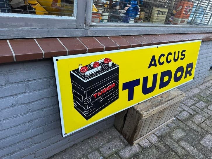 Vintage Emaille Reclamebord Accu Tudor, Antiek en Kunst, Ophalen