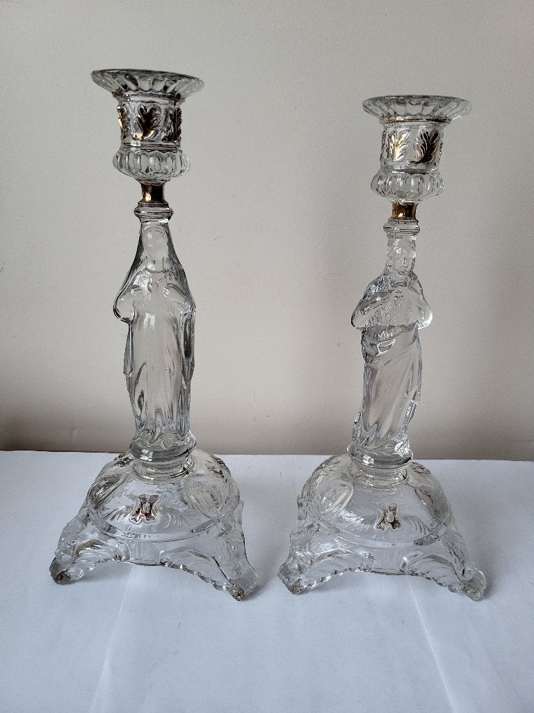 Paire Bougeoir Verre Moulé - Vierge & Jésus - Val St Lambert, Antiek en Kunst, Antiek | Glaswerk en Kristal, Ophalen of Verzenden