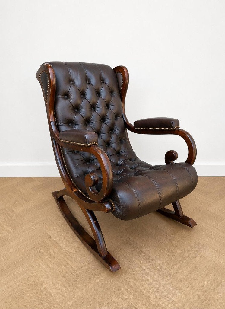Chesterfield schommelstoel – klassiek leer met houten frame, Ophalen