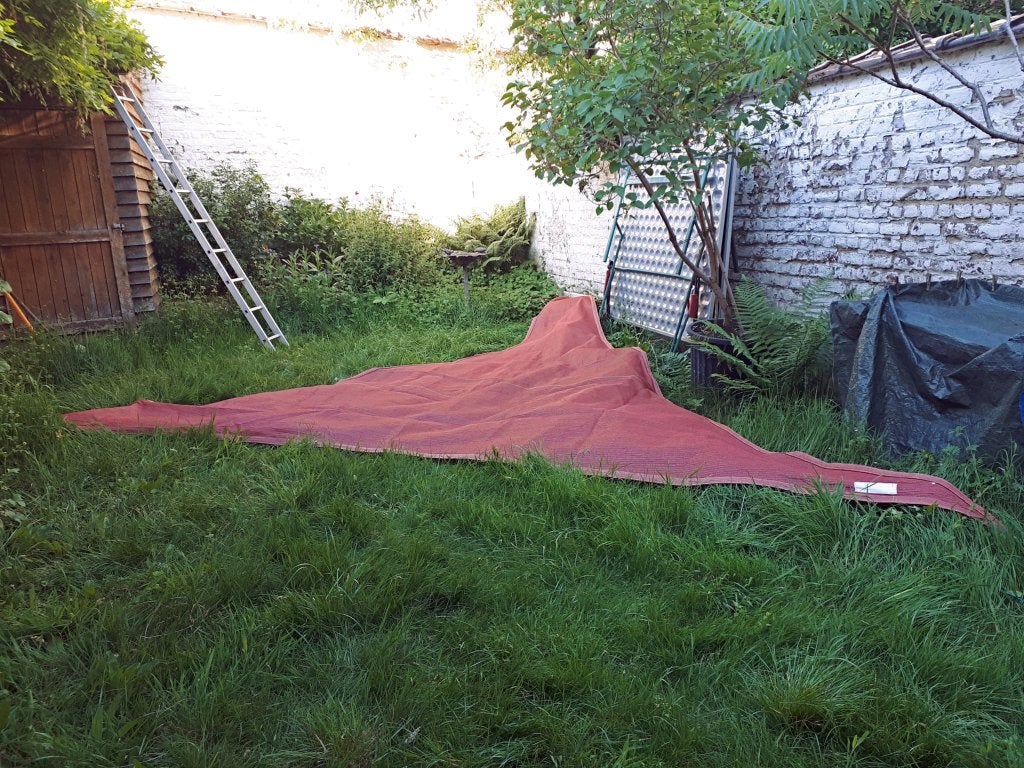 Baksteenkleurig driehoekig schaduwzeil, Tuin en Terras, Ophalen