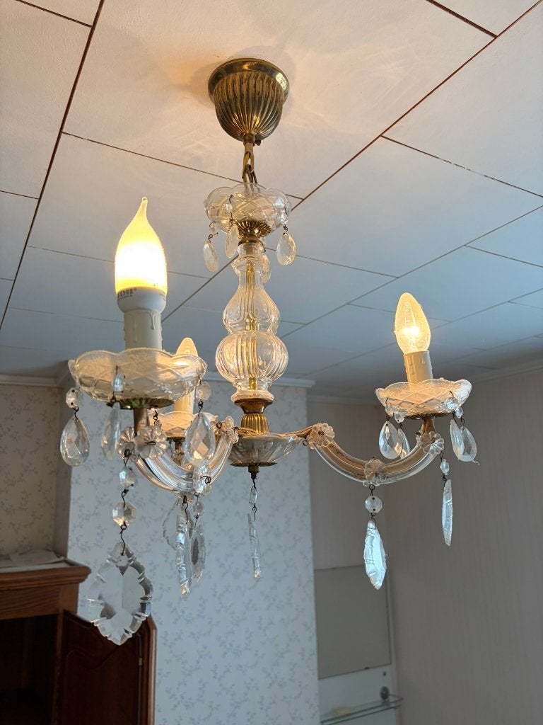 Kroonluchter / girandole drie-armig kristal, Huis en Inrichting, Ophalen, Gebruikt, Glas, E14 (klein)