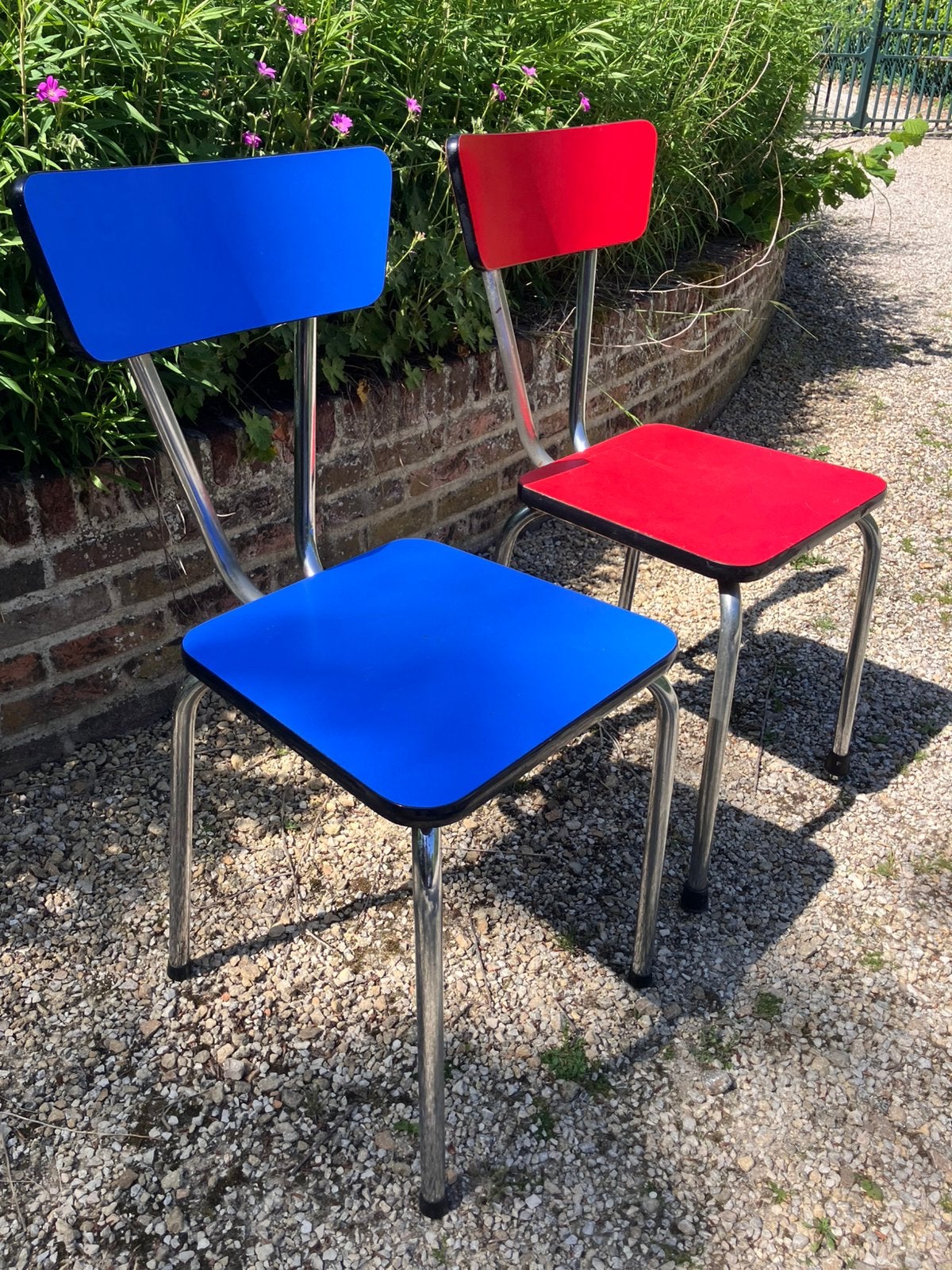 Vintage formica eetkamerstoelen (blauw & rood), Enlèvement, Utilisé, Bleu