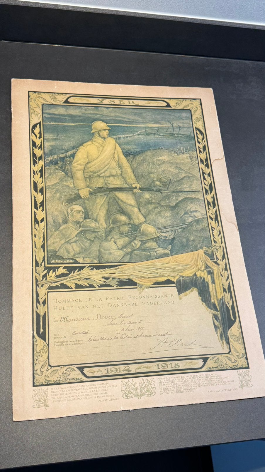 Diplôme militaire belge 1914-1918 - Hommage de la Patrie, Landmacht, Voor 1940, Ophalen, Gelezen