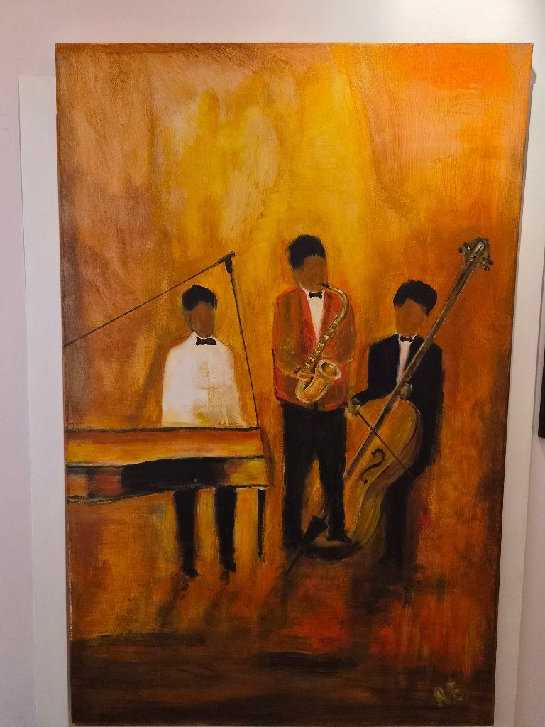Kunstwerk jazz trio, Antiek en Kunst, Ophalen, Op houten frame