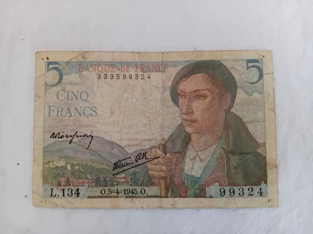 Bankbiljet, Frankrijk, 5 Francs 1945, Ophalen of Verzenden, Frankrijk, Los biljet