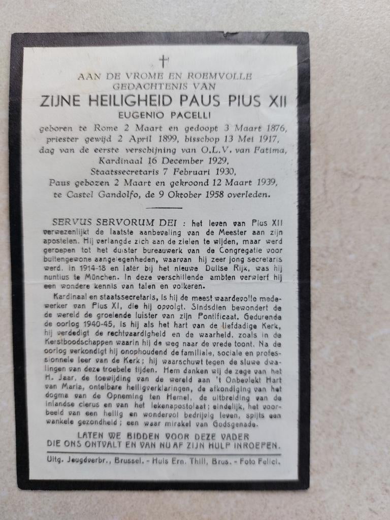 Bidprentje Paus Pius XII, Verzamelen, Ophalen of Verzenden, Bidprentje