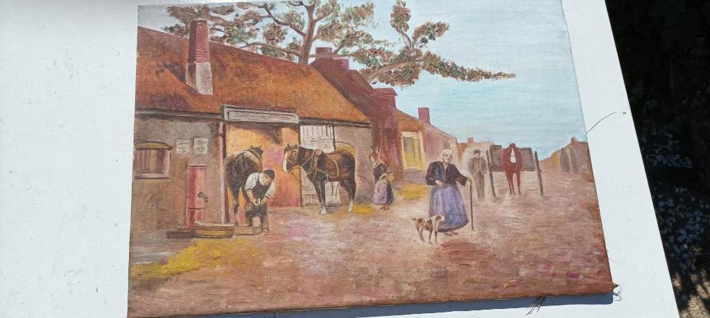 Peinture sur toile +/- 1900. Maréchal ferrant. Non signé, Enlèvement ou Envoi