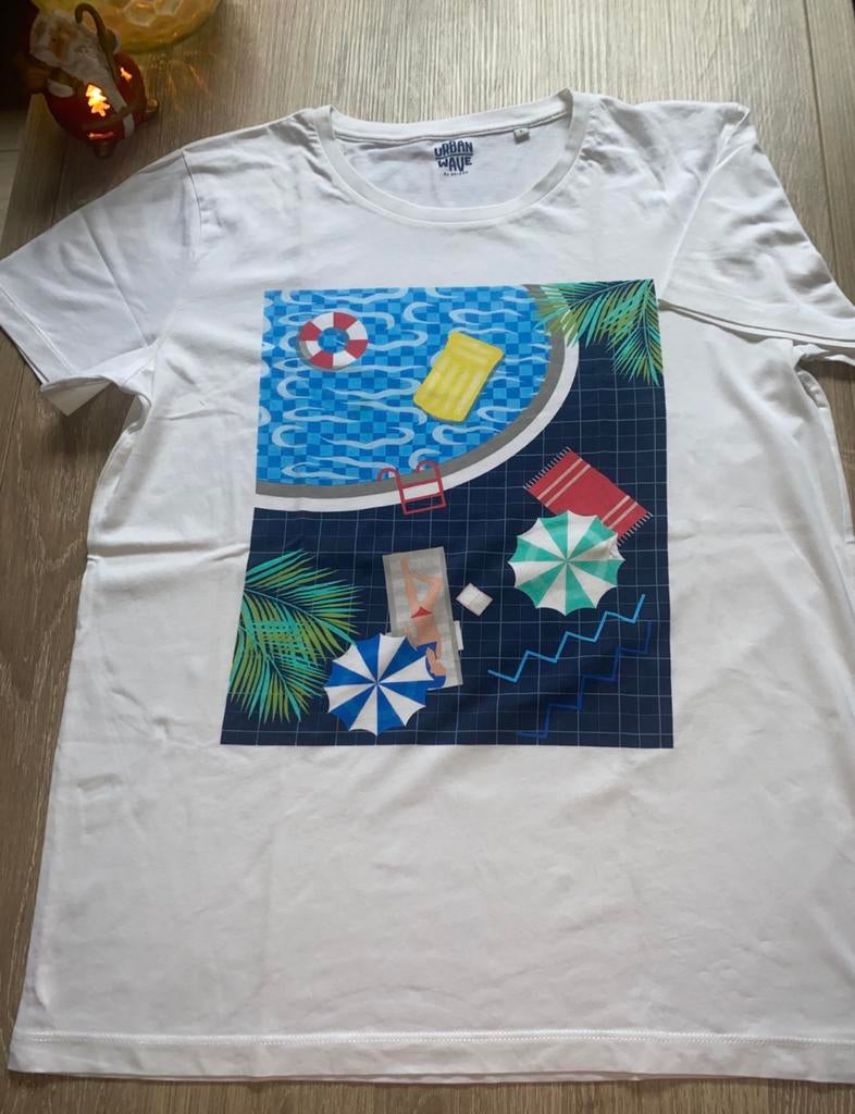 🔥 Wit t-shirt met zomerse print Urban wave - maat L, Kleding | Heren, T-shirts, Zo goed als nieuw, Maat 52/54 (L), Wit, Ophalen of Verzenden
