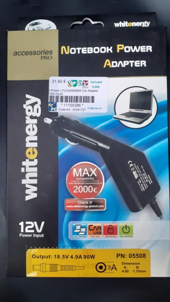 Chargeur 12v 90w prise allume-cigare notebook HP Compaq, Informatique & Logiciels, Enlèvement ou Envoi, Neuf, Whitenergy