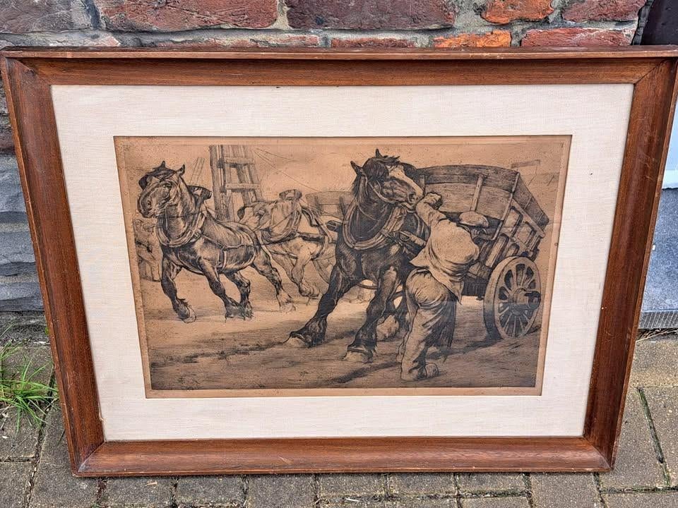 gravure chevaux signe Constant DE BUSSCHERE, Antiek en Kunst, Ophalen of Verzenden