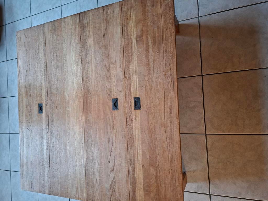 grenen salon tafel met 3 opbergvakken 1.20 op 1.20, Huis en Inrichting, Ophalen, Gebruikt, Vierkant, Minder dan 50 cm