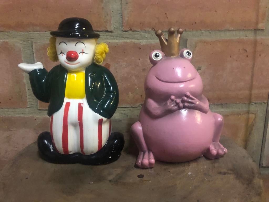 2x Vintage porseleinen Spaarpot een kikker en een Clown, Verzamelen, Spaarpotten, Ophalen, Zo goed als nieuw