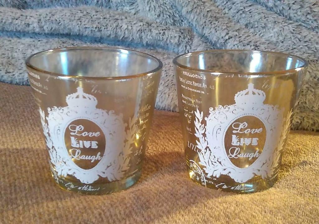 theelicht houder glaasjes Love Live Laugh 2 stuks samen, Ophalen of Verzenden
