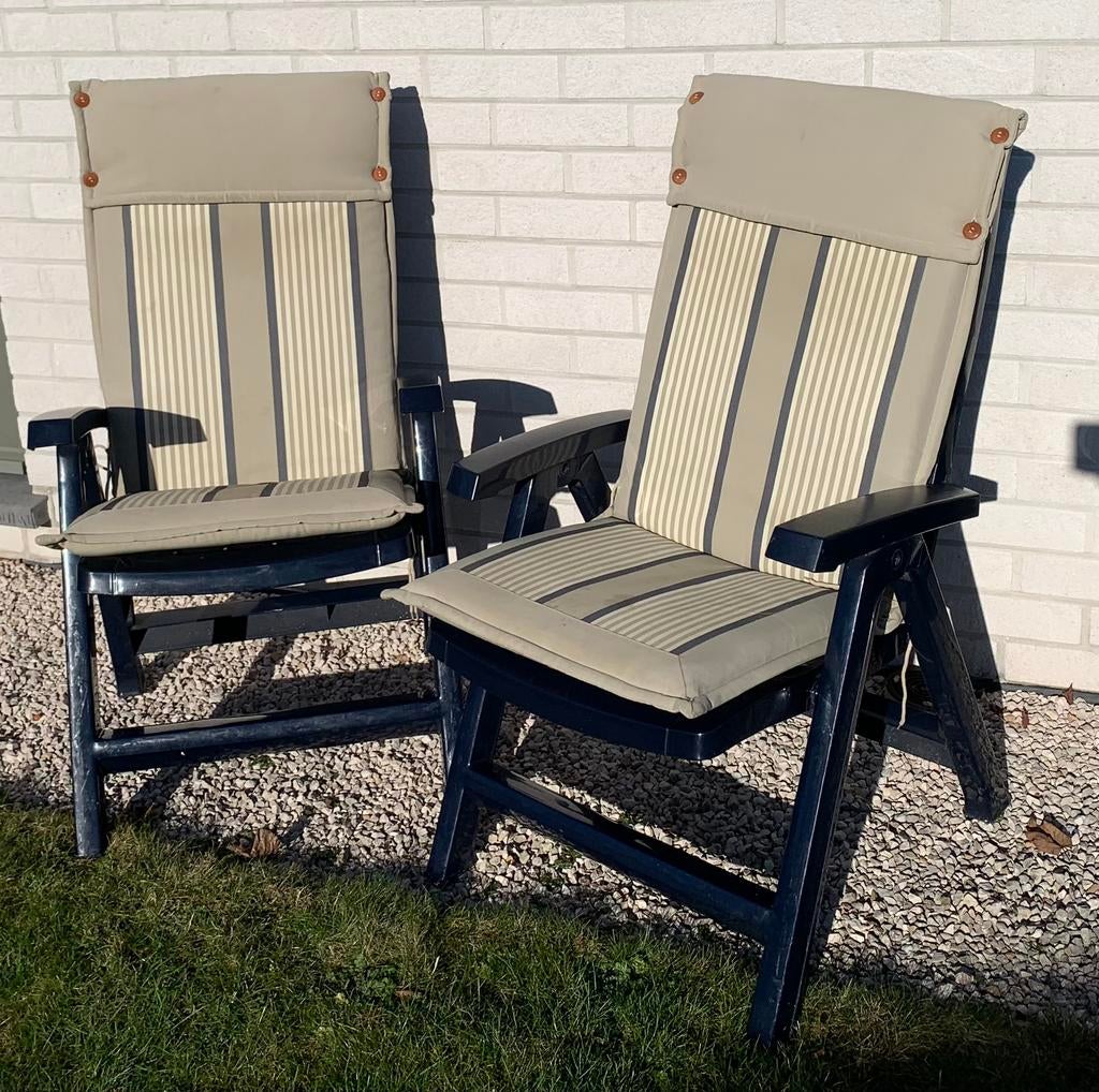2 blauwe tuinstoelen met kussens - merk “Jardin”, Tuin en Terras, Ophalen, Gebruikt