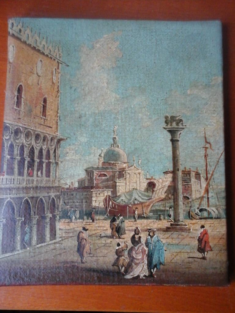 Italiaans schilderij op doek „Venetië” 19e eeuw 20,5/17,2cm, Ophalen of Verzenden