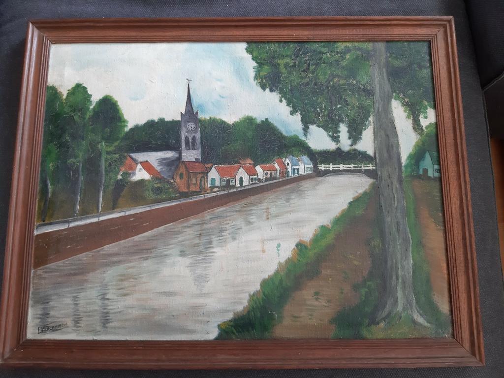 Schilderij kerk naast beek van Ed Vercammen, Antiek en Kunst, Kunst | Schilderijen | Klassiek, Ophalen