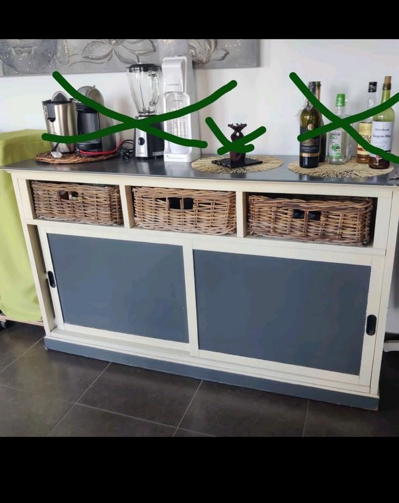 Commode Buffet bois peint 3 tiroirs Osier L 162 P 46 H 92cm, Enlèvement