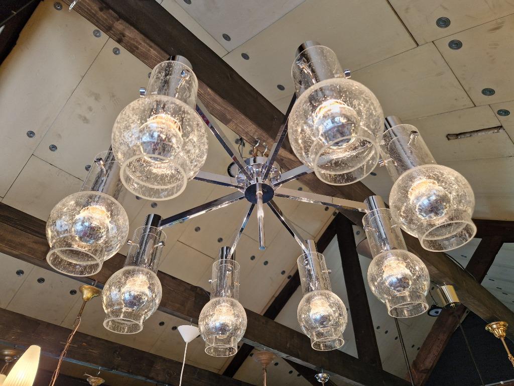 Grand Plafonnier/lustre en métal chromé et verre bullé, 1970, Enlèvement